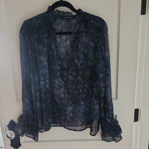 French Connection Floral Sheer Blouse - Black and Blue